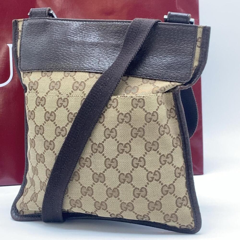 GUCCI GG Canvas Shoulder Bag Crossbody Sacoche Clutch Leather Brown - Picture 4 of 10